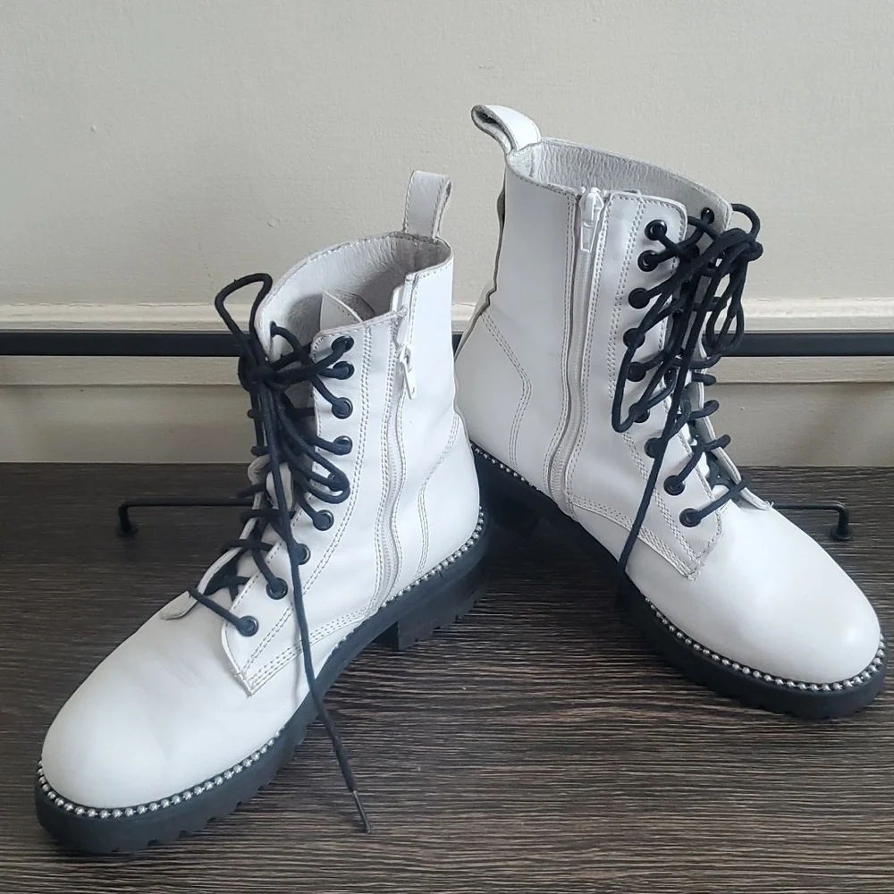Steven New York Gardy White Leather lace-up Combat Boot Size 8.5